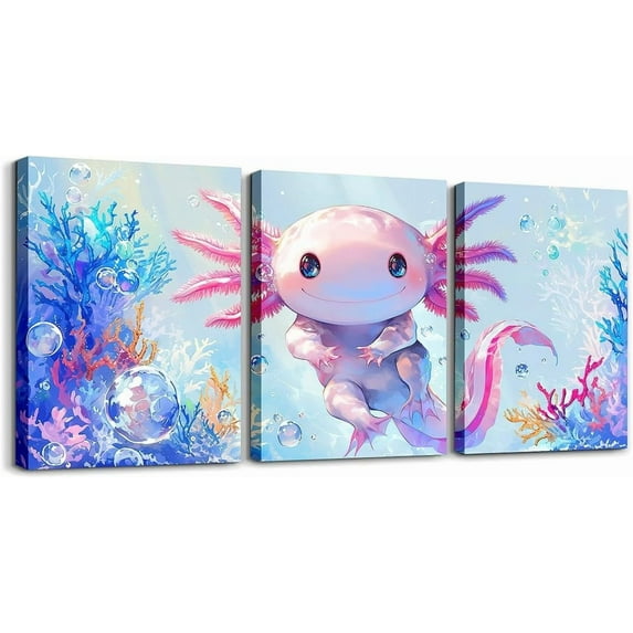 Hieng Boys Girls Cute Axolotl Canvas Wall Art for Living Room Bedroom Cartoon Salamander Picture Wall Decor Cherry Blossoms Wall Painting Posters Kids Kawaii Bathroom Wall Art Unframed