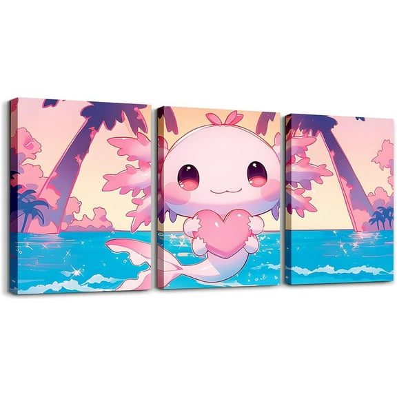 Hieng Boys Girls Cute Axolotl Canvas Wall Art for Living Room Bedroom Cartoon Salamander Picture Wall Decor Cherry Blossoms Wall Painting Posters Kids Kawaii Bathroom Wall Art Unframed
