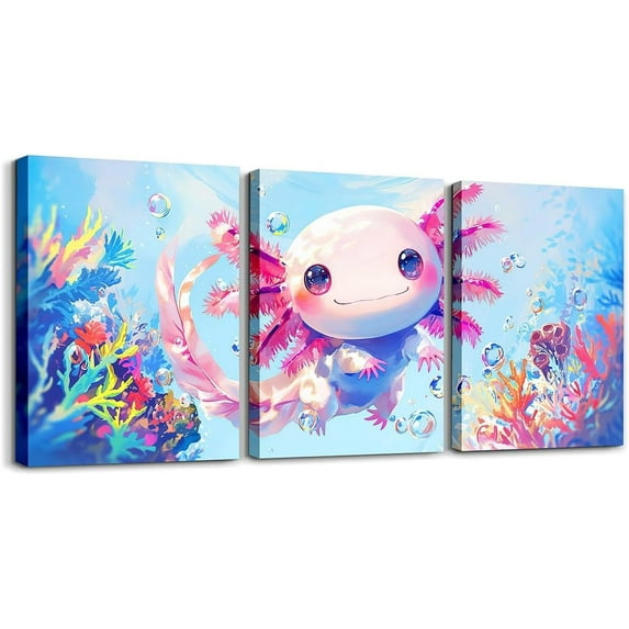 Hieng Boys Girls Cute Axolotl Canvas Wall Art for Living Room Bedroom Cartoon Salamander Picture Wall Decor Cherry Blossoms Wall Painting Posters Kids Kawaii Bathroom Wall Art Unframed