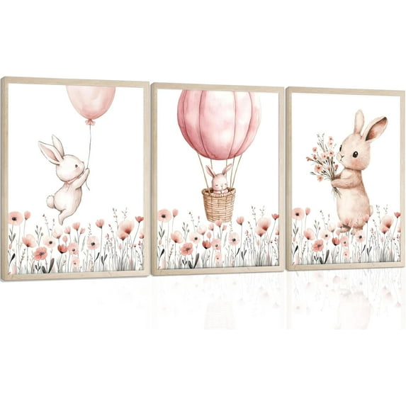 Hieng Bunny Nursery Wall Art Pink Wildflowers Painting Pictures Cute Rabbit Canvas Prints Girl Nursery Posters Hot air Ballon Wall Decor for Baby Girl Room Home Playroom(Only canvas)