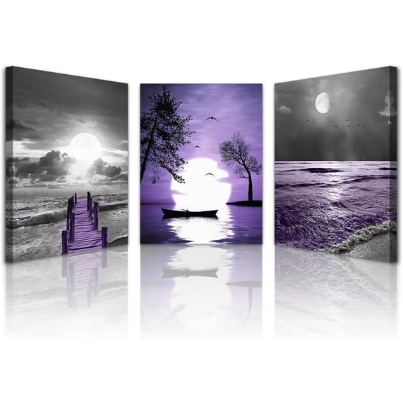 Hieng Canvas Wall Art For Bedroom Wall Decorations For Living Room Wall Decor For Office Black And White Wall Painting Purple Ocean Landscape Pictures Posters Farmhouse Home Wall Decor