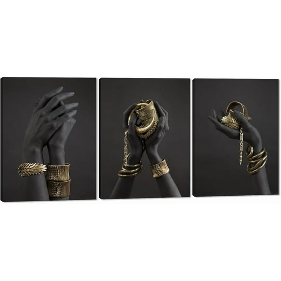 Hieng Canvas Wall Art Painting African Woman Pictures Modern Gold Black Woman Holding Gold Jewelry Posters Prints Artwork Home Decor for Living Room Bedroom Office Unframed