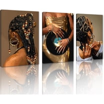 Hieng Canvas Wall Art Painting African Woman Pictures Modern Gold Black Woman Holding Gold Jewelry Posters Prints Artwork Home Decor for Living Room Bedroom Office Unframed