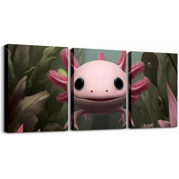Hieng Cartoon Axolotl Canvas Wall Art for Living Room Bedroom Kids Salamander Cute Picture Wall Decor for Home Decor Bathroom Underwater World Painting