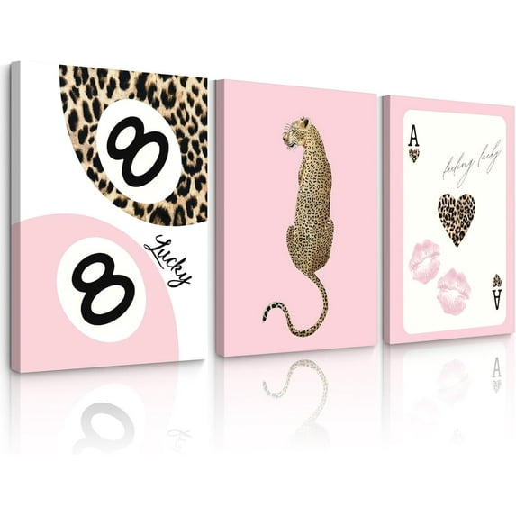 Hieng Cheetah Trendy Wall Art Preppy Leopard Canvas Print Cheetah Room Wall Decor 8 Ball Poster Y2k Pink Coquette Luxury Print Lucky Aesthetic Fashion Pictures for Bedroom