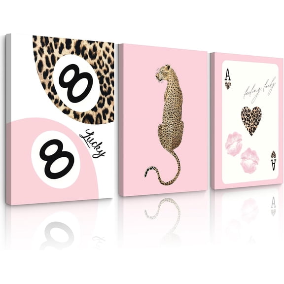 Hieng Cheetah Trendy Wall Art Preppy Leopard Canvas Print Cheetah Room Wall Decor 8 Ball Poster Y2k Pink Coquette Luxury Print Lucky Aesthetic Fashion Pictures for Bedroom