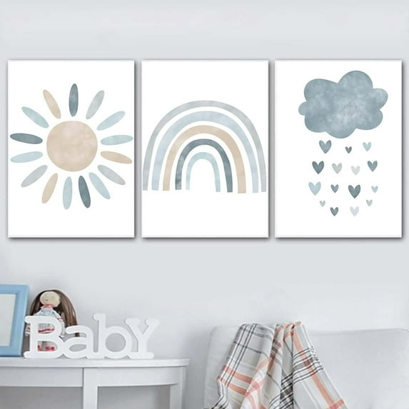 Hieng Child Canvas Wall Art Pink Cartoon Cloud Sun Rainbow Wall Art Posters and Prints, Nursery Art Print Rainbow Canvas Painting Nordic Picture for Girls Baby Kids Room Decor