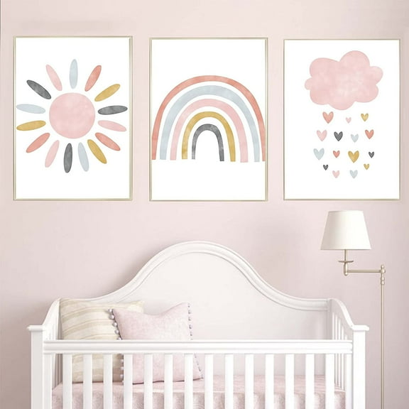 Hieng Child Canvas Wall Art Pink Cartoon Cloud Sun Rainbow Wall Art Posters and Prints, Nursery Art Print Rainbow Canvas Painting Nordic Picture for Girls Baby Kids Room Decor