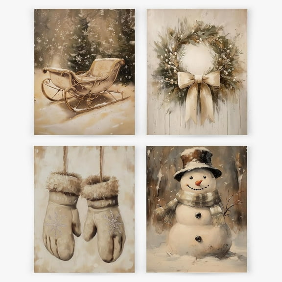 Hieng Christmas Wall Decor, Vintage Christmas Snowman Wreath Xmas Wall Art Prints Set of 4, Vintage Christmas Decor, Farmhouse Christmas Decor, Christmas Wall Decor for Home Unframed