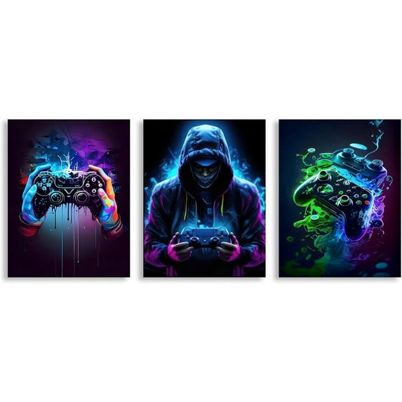 Hieng Cool Gaming Canvas Wall Hieng Retro Video Game Watercolor Picture for Gamer Room Decor Colorful Neon Gamepad Painting for Boys Bedroom Game Room Wall Decor