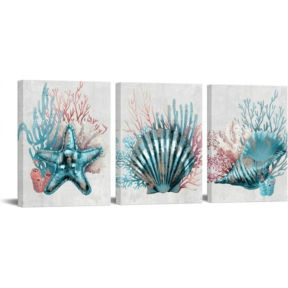 Hieng Coral Art Wall Decor Beach Sea Shell Pictures Prints on Canvas Teal and Coral Bathroom Decor (only canvas)