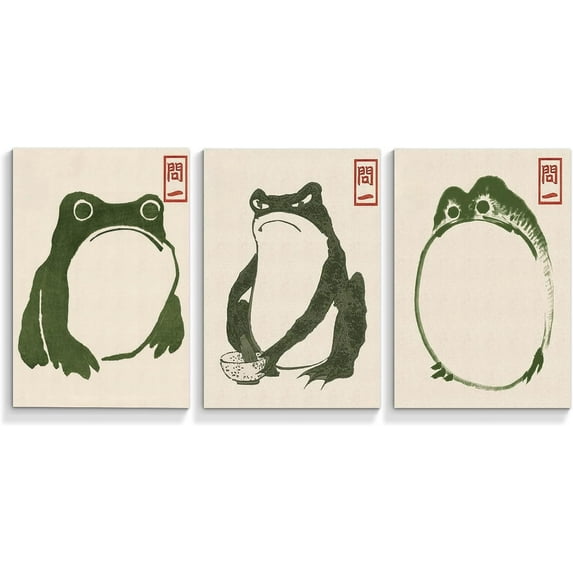 Hieng Cute Japanese Frog Canvas Wall Art Funny Vintage Matsumoto Hoji Green Frog Posters, Wabi Sabi Aesthetic Room Decor, Eclectic Asian Animal Print Painting (Framed canvas)
