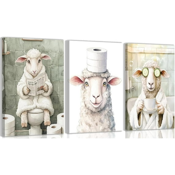 Hieng Cute Lamb Wall Art Funny Animal Bathroom Wall Decor Prints Artwork Adorable Lamb With Toilet Paper Paintings Picture for Bath Restroom Decoration Unframed