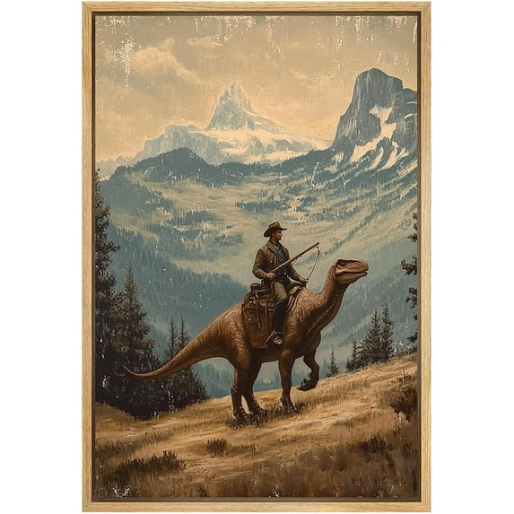 Hieng Dinosaur Wall Art Vintage Landscape Poster Western Vintage Style Wall Art Cowboy Riding Dinosaur Gothic Art Print Cowboy Vintage Wall Art Mountain Forest Poster Paintingch