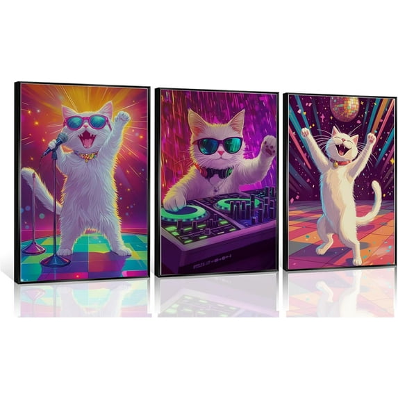 Hieng Disco Interesting Suitable Cat Wall Art Singing and Dancing Cat Paintings Pictures Wall Decor Vibrant Playful Canvas Prints Posters for Home Wall Party and Other(Only canvas)