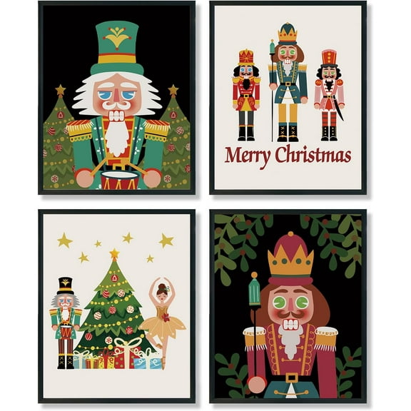 Hieng Falalala Christmas Decorations, Christmas Wall Art Prints Set of 4, Vintage Santa Christmas Tree Posters Wall Art Decor for Reading Room Bedroom, Red & Green Unframed