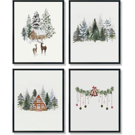 Hieng Falalala Christmas Decorations, Christmas Wall Art Prints Set of 4, Vintage Santa Christmas Tree Posters Wall Art Decor for Reading Room Bedroom, Red & Green Unframed