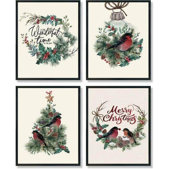 Hieng Falalala Christmas Decorations, Christmas Wall Art Prints Set of 4, Vintage Santa Christmas Tree Posters Wall Art Decor for Reading Room Bedroom, Red & Green Unframed