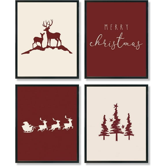 Hieng Falalala Christmas Decorations, Christmas Wall Art Prints Set of 4, Vintage Santa Christmas Tree Posters Wall Art Decor for Reading Room Bedroom, Red & Green Unframed
