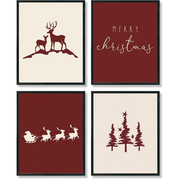 Hieng Falalala Christmas Decorations, Christmas Wall Art Prints Set of 4, Vintage Santa Christmas Tree Posters Wall Art Decor for Reading Room Bedroom, Red & Green Unframed