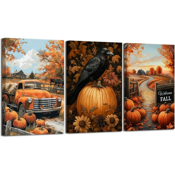 Hieng Fall Wall Art 3 Pieces Pumpkin and Crow Canvas Prints Farmhouse Truck Pictures Autumn Harvest Paintings for Thanksgiving Home Decor Unframed