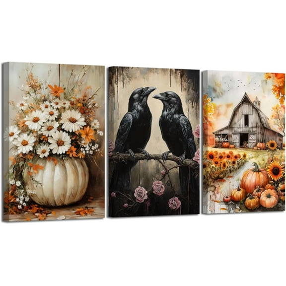 Hieng Fall Wall Art 3 Pieces Pumpkin and Crow Canvas Prints Farmhouse Truck Pictures Autumn Harvest Paintings for Thanksgiving Home Decor Unframed