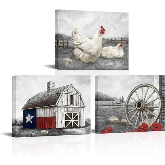 Hieng Farmhouse Canvas Wall Art Vintage Rooster Chicken Painting Decor Farm Animal Art Pictures Kitchen Decoration (Grey, Small)