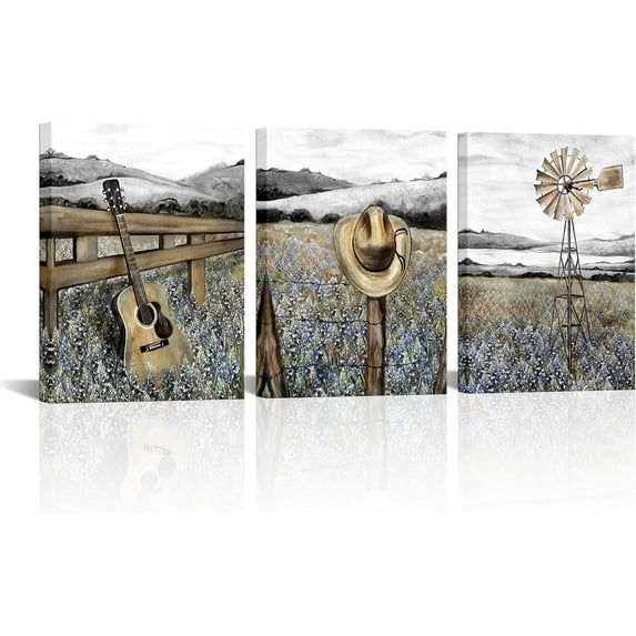 Hieng Farmhouse Landscape Painting Canvas Texas Bluebonnets Field Wall Art Rustic Countryside Windmill Pictures Cottagecore Bedroom Bathroom Decor
