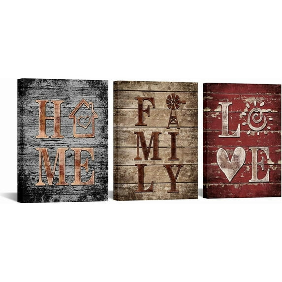 Hieng Farmhouse Rustic Family Sign Wall Decor Home Family Love Canvas Art Vintage Grey Brown Red Kitchen Dining Room Decoration