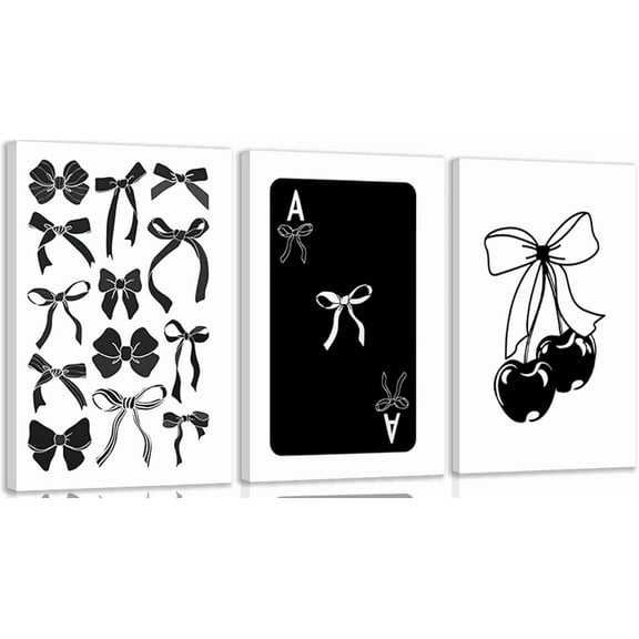 Hieng Fashion Black White Bow Canvas Wall Art Funky Aesthetic Cherry Poker Picture Painting Trendy Preppy Aesthetic Wall Decor Artwork for Girl Room Dorm Apartment Bedroom Decorations