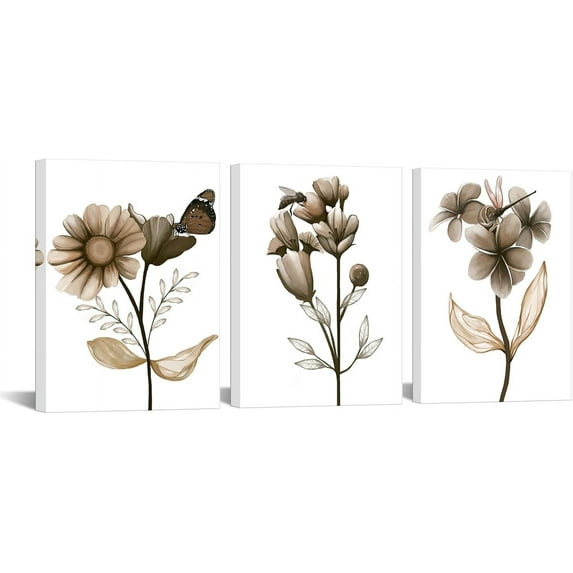 Hieng Flower Canvas Wall Art Brown Floral Painting Art Prints Transparent Floral with Butterfly Picture Artwork Modern Bedroom Bathroom Decor（Only canvas）