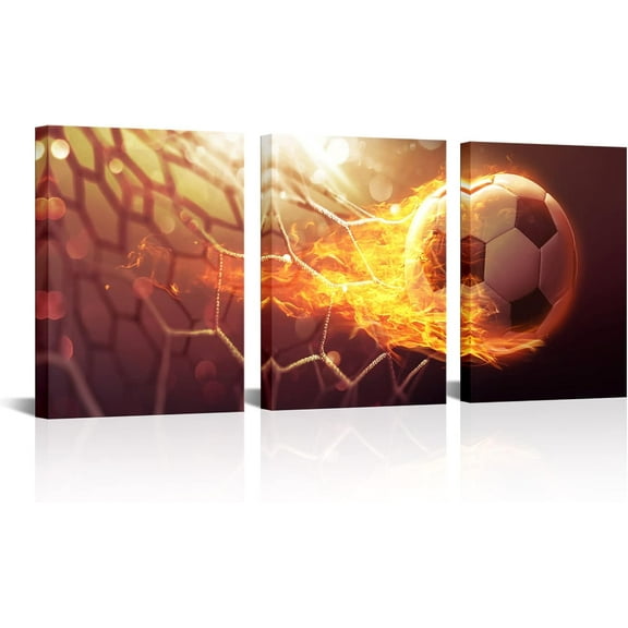 Hieng Football Wall Hieng Soccer Ball Fire Goal Canvas Picture Sport Theme Painting Prints for Boys Bedroom Office Football Club Wall Decor Framed