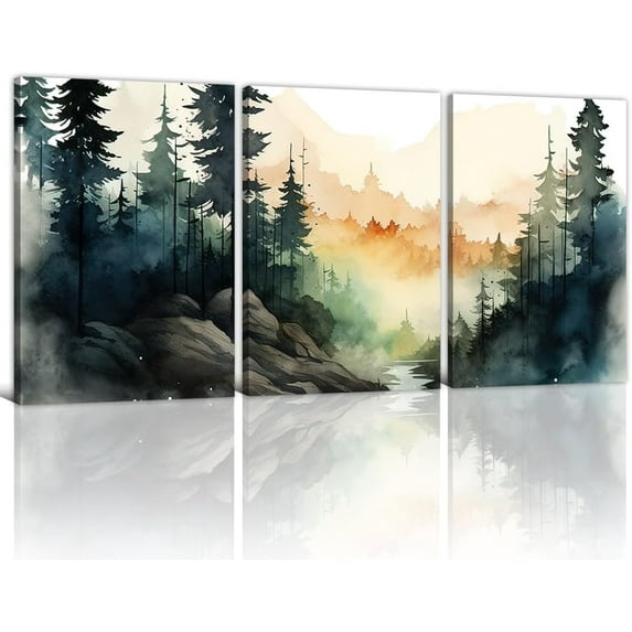 Hieng Forest Canvas Wall Art 3 Piece Watercolor Forest Picture Prints Forest Tree Paintings Pine Tree Canvas Prints for Living Room Bedroom Decor (only canvas)