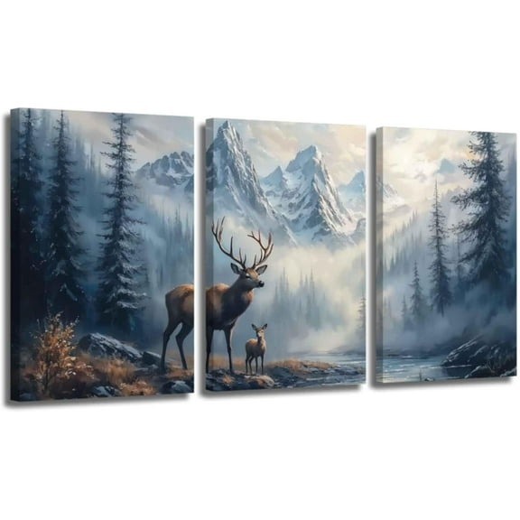 Hieng Forest Deer Canvas Wall Art 3 Pieces Elk Pictures Wall Decor Wildlife Mountain Landscape Painting Wild Animals Poster Prints for Living Room(only canvas)
