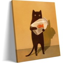 Hieng Framed Black Cat Wall Art, Funny Quirky Cat and Shark Pictures Canvas Print, Abstract Black Cat Shark Posters Wall Decor for Room Bedroom Living Room Bathroomin