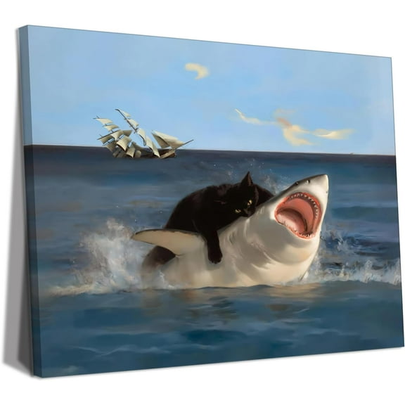 Hieng Framed Black Cat Wall Art, Funny Quirky Cat and Shark Pictures Canvas Print, Abstract Black Cat Shark Posters Wall Decor for Room Bedroom Living Room Bathroomin