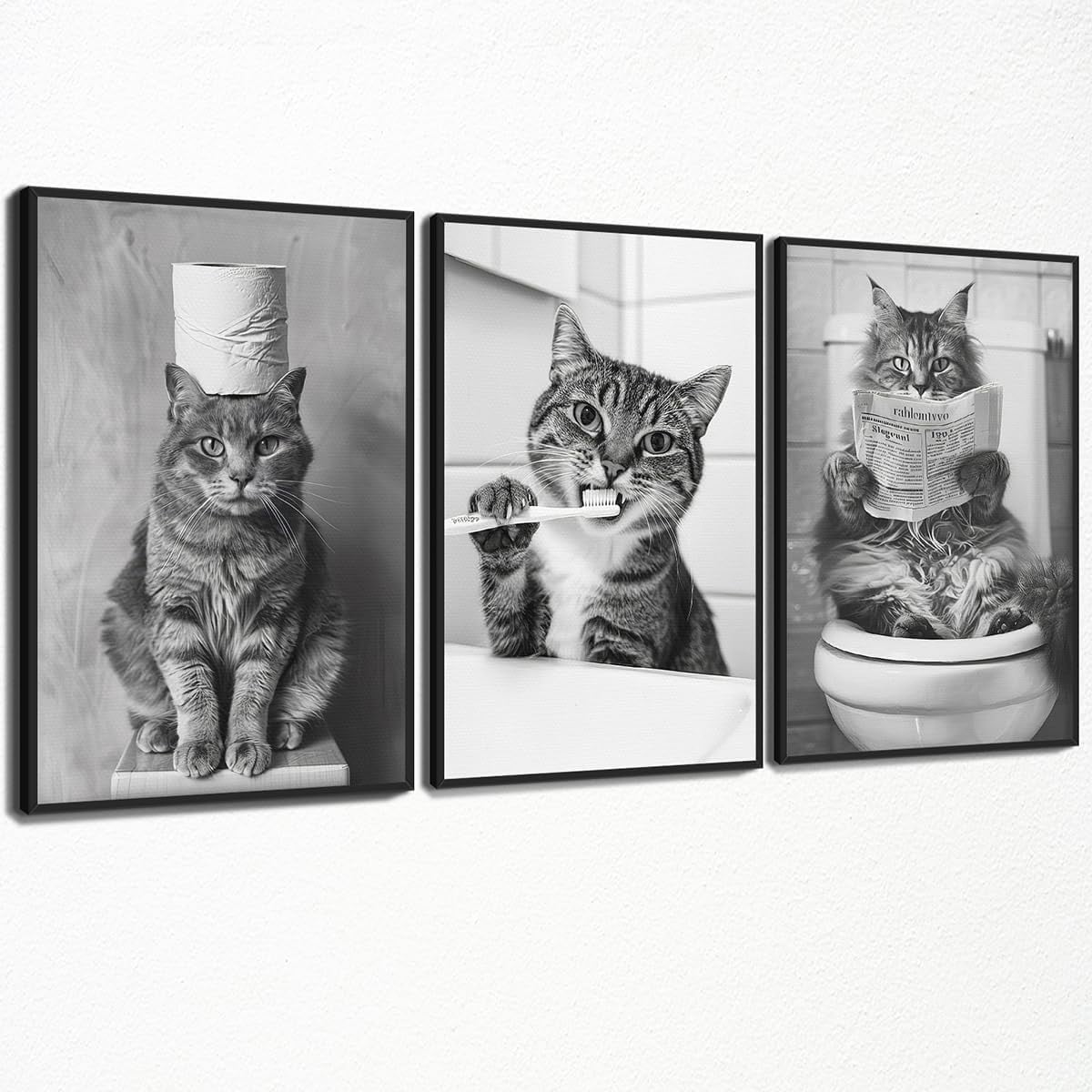 Hieng Hieng Funny Animal Bathroom Canvas Wall Art, Black White Bathroom ...