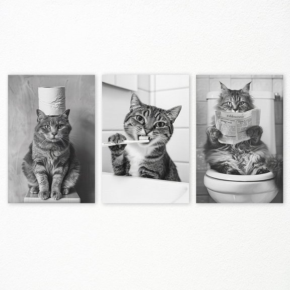 Hieng Funny Animal Bathroom Canvas Wall Hieng, Black White Bathroom Poster, Cute Having Bath and Brushing Teeth Otter Picture Print, Fun Otter Read Newspaper on Toilet Painting