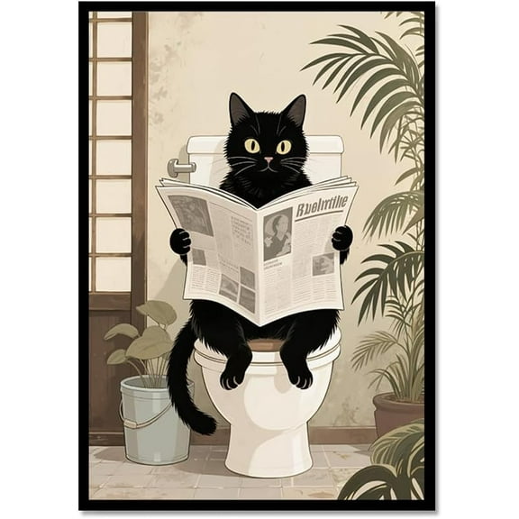 Hieng Funny Black Cat in Bathtub Canvas Wall Art Cute Cat Wash Its Paws Reading Newspaper Poster Bathroom Animal Prints Toilet Wall Decor（Only canvas）