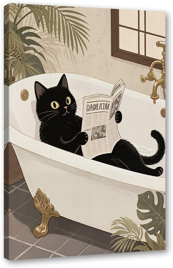 Hieng Funny Black Cat in Bathtub Canvas Wall Art Cute Cat Wash Its Paws ...