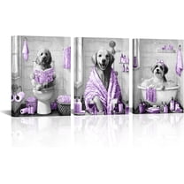 Hieng Funny Dogs Bathroom Wall Art Grey and Blue Bath Decor Cute Animal Painting Canvas Print