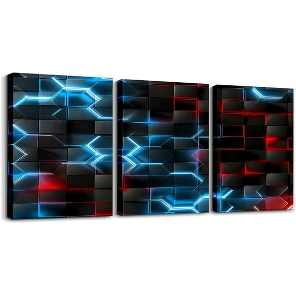 Hieng Gamer Canvas Wall Art Gaming Bathroom Wall Art for Home Decor 12"x16" 3 Piece for Teens Bedroom Decor Lighting Honeycomb Office Wall Artwork Posters Blue and Black Geometric Wall Painting
