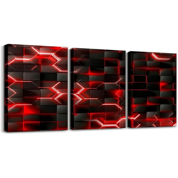 Hieng Gamer Canvas Wall Art for Living Room Red and Black Picture Wall Decor Gaming Ombre Office Wall Decorations Artwork Posters Geometry Square Wall Painting(Only canvas)
