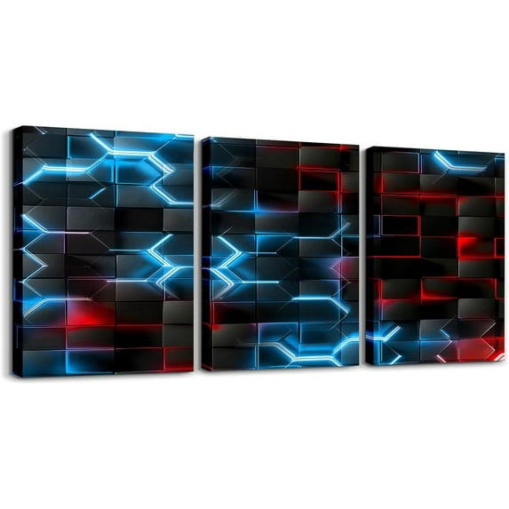 Hieng Gamer Canvas Wall Art for Living Room Red and Black Picture Wall Decor Gaming Ombre Office Wall Decorations Artwork Posters Geometry Square Wall Painting(Only canvas)