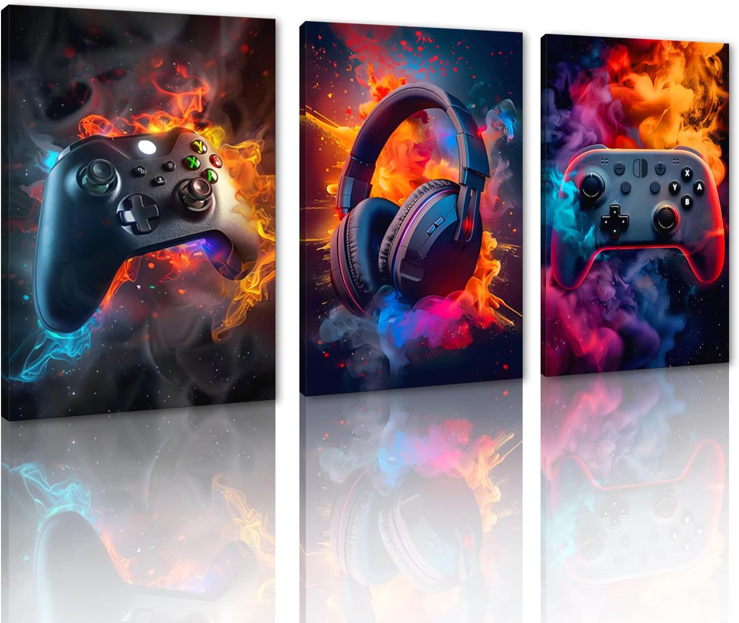 BGFCE Cool Gaming Canvas Wall Art Set of 3, Retro Video Game Watercolor Poster Pictures, Neon Gamepad Gamepad Painting Prints Game Room Bedroom Wall Decor 16x24 in Framed
