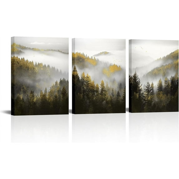 Hieng Gold White Foggy Forest Canvas Wall Art Misty Pine Trees Mountain paintings Pictures Landscape Nature Decor for Living Room Bedoom Decoration