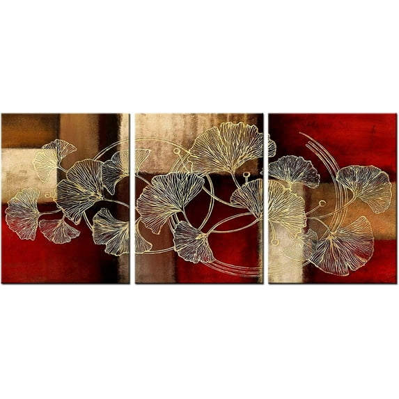 Hieng Golden Ginkgo Leaf Canvas Wall Art Abstract Plant Leaves Paintings Pictures Modern Red Home Bedroom Bathroom Wall Decoration Gallery Wrapped Unframed