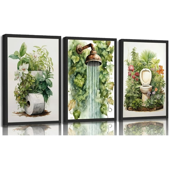 Hieng Green Botanical Bathroom Poster Wall Art Sage Green Leaves Wall Canvas Decor pictures Flowers Watercolor Paintings Prints Artwork for Home Bathroom Decoration(Framed canvas)