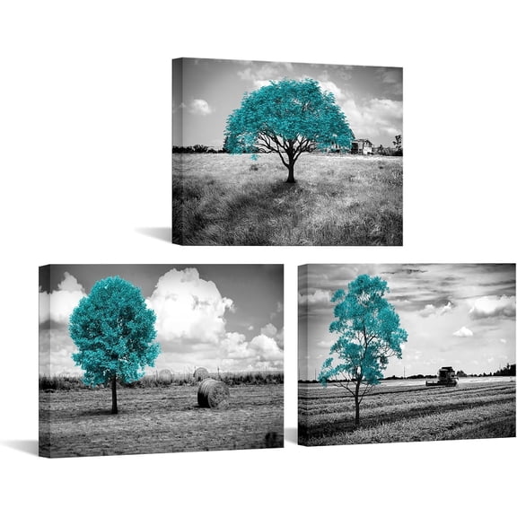 Hieng Green Tree Wall Art Black and White Canvas Painting Pictures Country Landscape Decoration Farmhouse Home Artwork for Bedroom Living Room Office (Framed canvas)