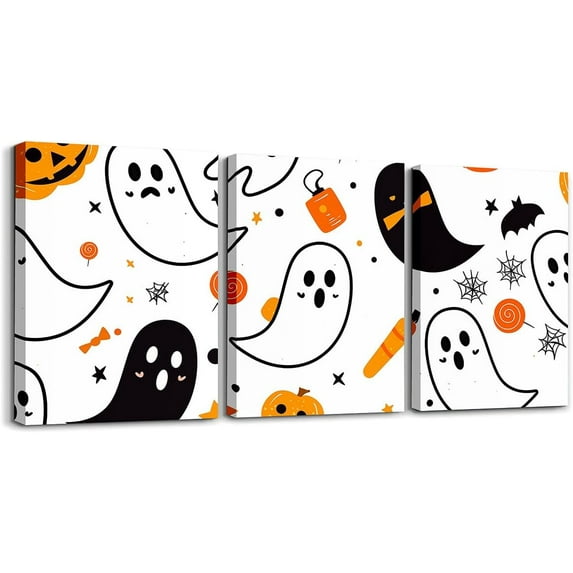 Hieng Halloween Canvas Wall Art for Living Room Ghosts Vintage Flower Office Decorations Artwork Posters Gothic Black Cat Bats Picture Wall Decor for Home Decor Bathroom（Only canvas）